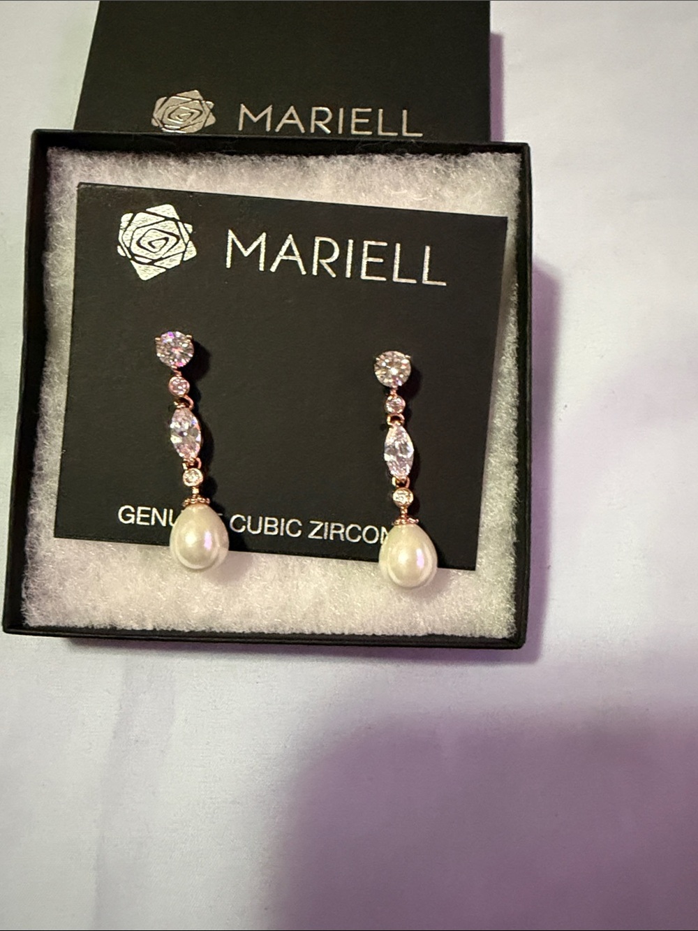 Mariell Rose Gold Pearl Drop Earrings with White Pearls and CZ Accents